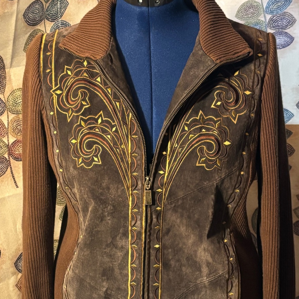 Bob Mackie Vintage Brown Leather Jacket with Gold Embroidery Size Small - Picture 10 of 12